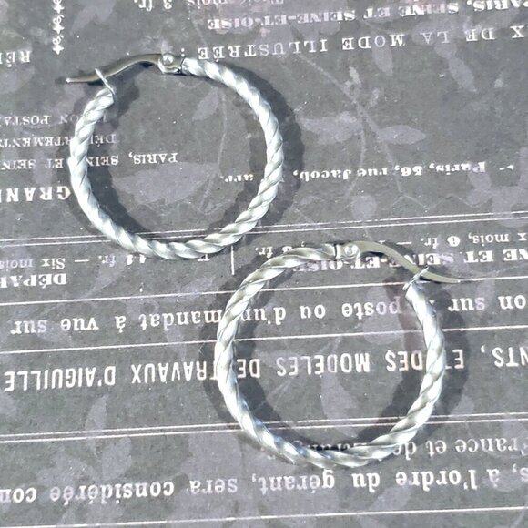 Minimalist Silver Surgical Stainless Steel Round Twisted 30mm Hoop Earrings - Picture 5 of 9